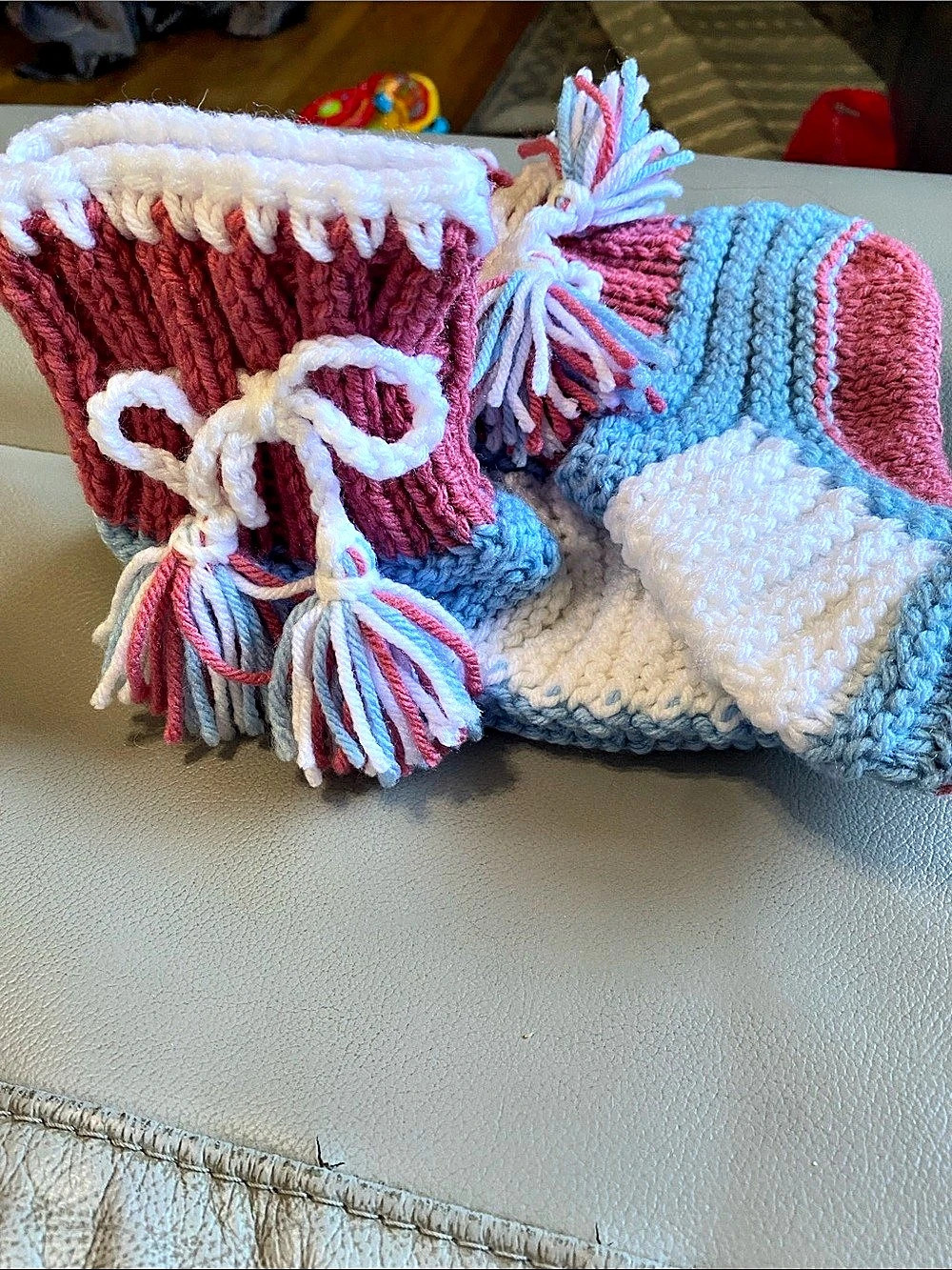 Hand Knit Slippers in Blue & Pink
